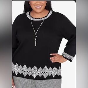 Alfred Dunner Runway Ready 3X Black and White Patterned Sweater w necklace-NWT